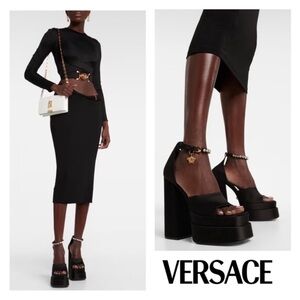 New!! Versace Logo Medusa Aevitas head charm satin platform pumps